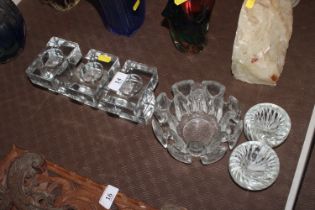 Three Scandinavian glass tea light holders, a Ravenscroft style bowl etc.