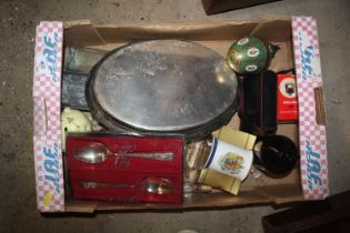 A box of various silver plated ware, commemorative