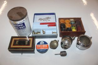 A box containing wax seal kit; various silver plated ware, advertising tin and a box of draughts