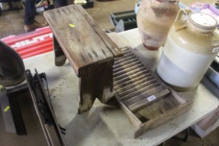 A wooden washboard and a wooden stool