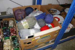 A box of wool, knitting needles etc