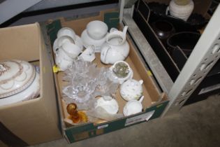 A box of china and mixed glass to include a part Royal Doulton tea set etc