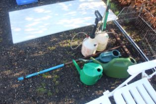 Two garden hand pump spray bottles, three plastic