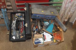 A plastic tool box and contents of tools and a fur