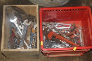 Two boxes containing various spanners, adjustable