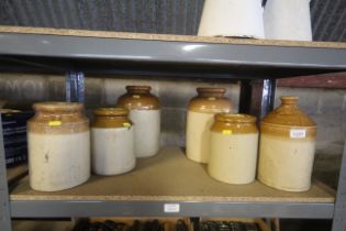 Six various stoneware jars, one named to John Nich