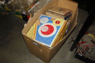 A box containing a Spirograph, various other toys,