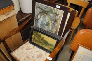 Two framed prints depicting thatched cottages, a print with figures on horseback etc