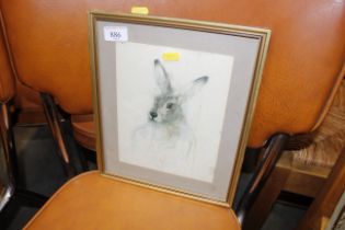 A small framed print of a hare