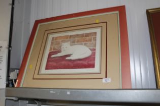 A pencil signed limited edition print of a cat 84/