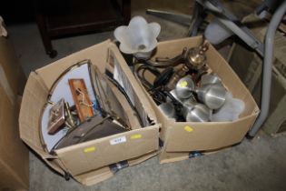 Two boxes of light fittings and goblets etc.