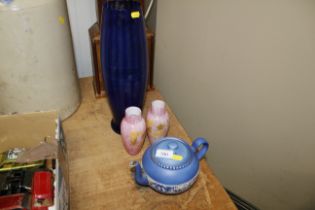 A Tamware blue and white teapot, tall blue vase an