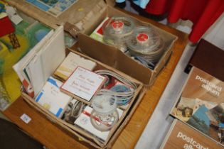 Two boxes of various reel to reel spools and assorted tapes etc.
