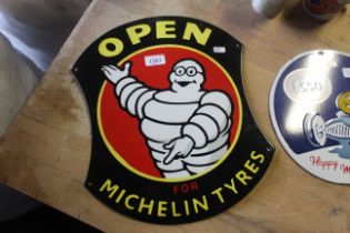 An enamelled metal sign for "Open For Michelin Tyr