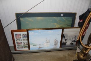 Four various pictures and prints including a harbo