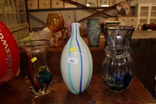 Three coloured Art Glass vases