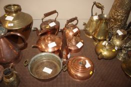 An antique copper ale mull; four various copper ke