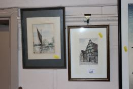Two coloured prints, one depicting a Norfolk Wherr