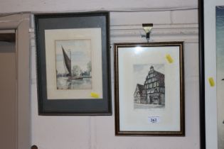 Two coloured prints, one depicting a Norfolk Wherr