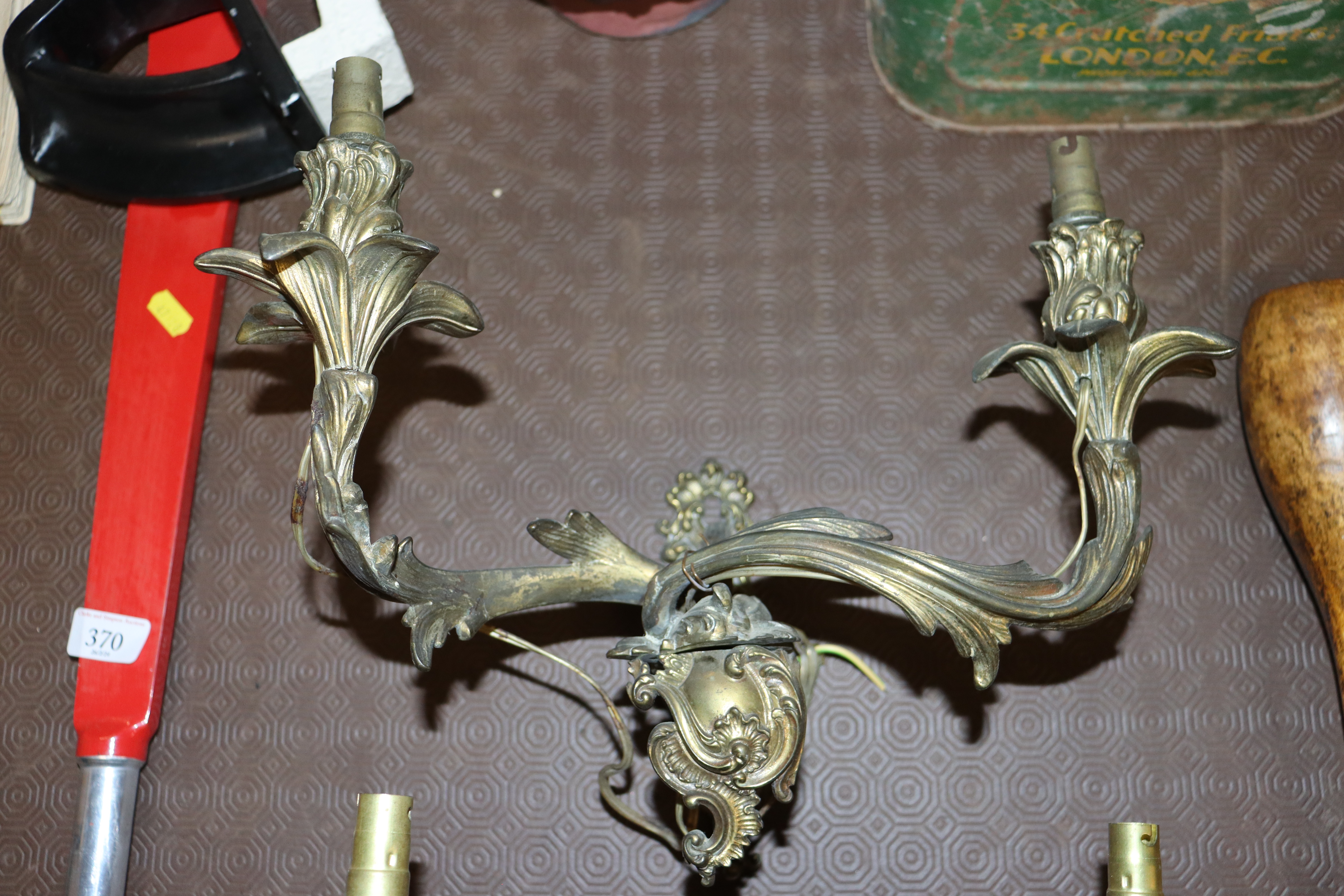 A pair of brass Rococo style twin branch wall ligh - Image 2 of 3