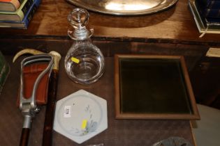 A glass decanter, pottery tray etc.