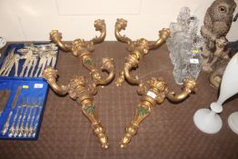 Four decorative gilt wood twin branch wall lights