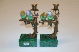 Two bronze and porcelain candlesticks decorated wi