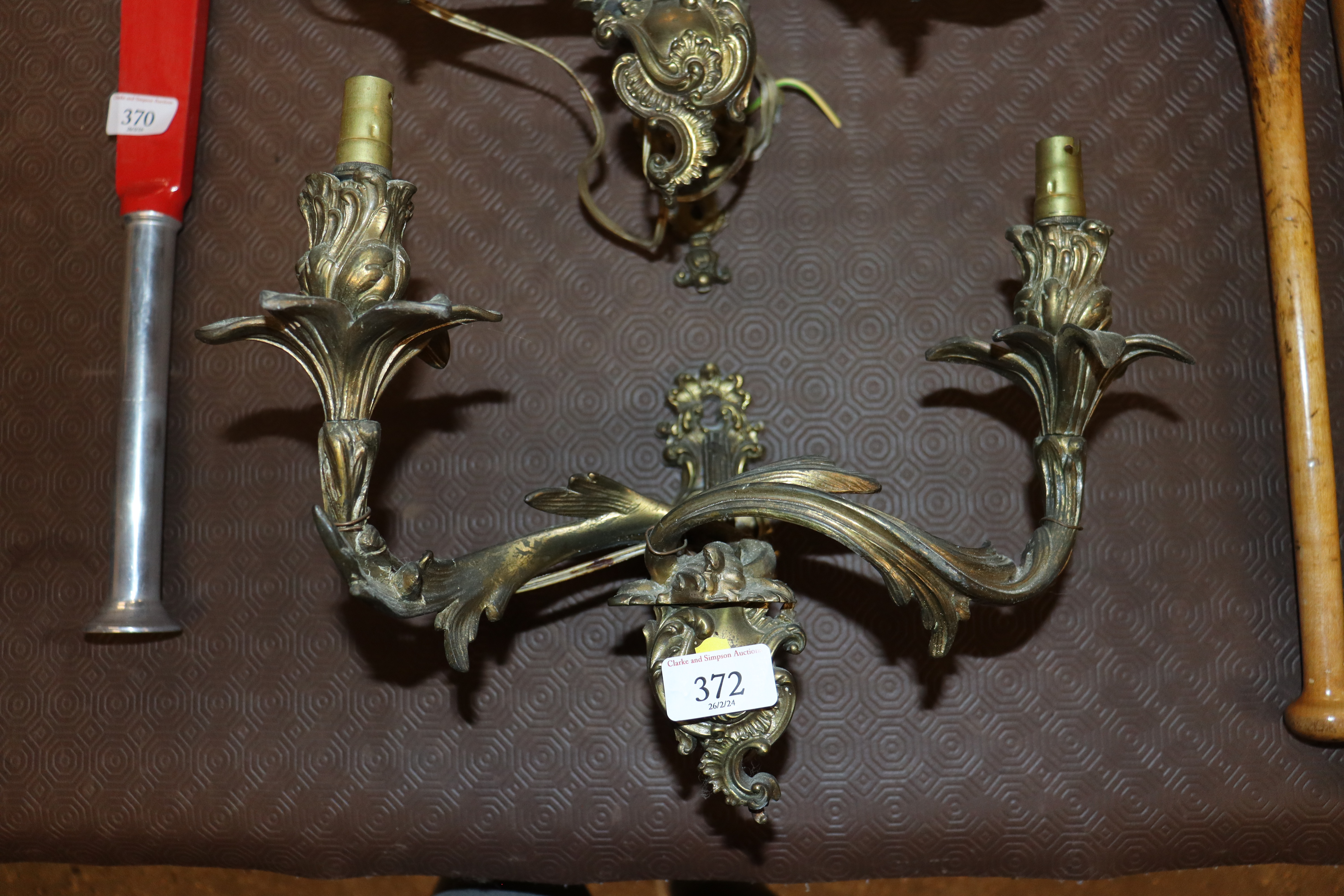A pair of brass Rococo style twin branch wall ligh - Image 3 of 3