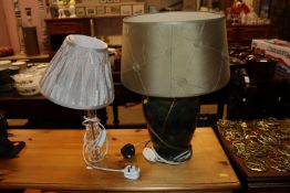 A green glazed pottery table lamp with shade and a