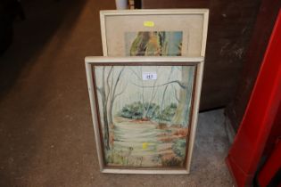 A framed and glazed watercolour of a woodland scen