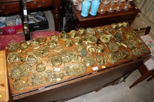 A collection of various horse brasses