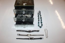 A mirrored jewellery chest and contents of costume