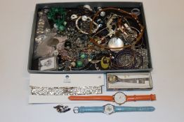 A box of costume jewellery and a stainless steel R