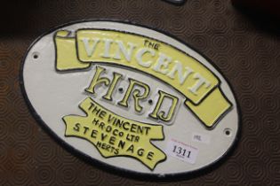An oval painted cast iron sign for "The Vincent HR