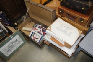 A quantity of various picture frame mounts; a wooden bound travel trunk and various profile drawings