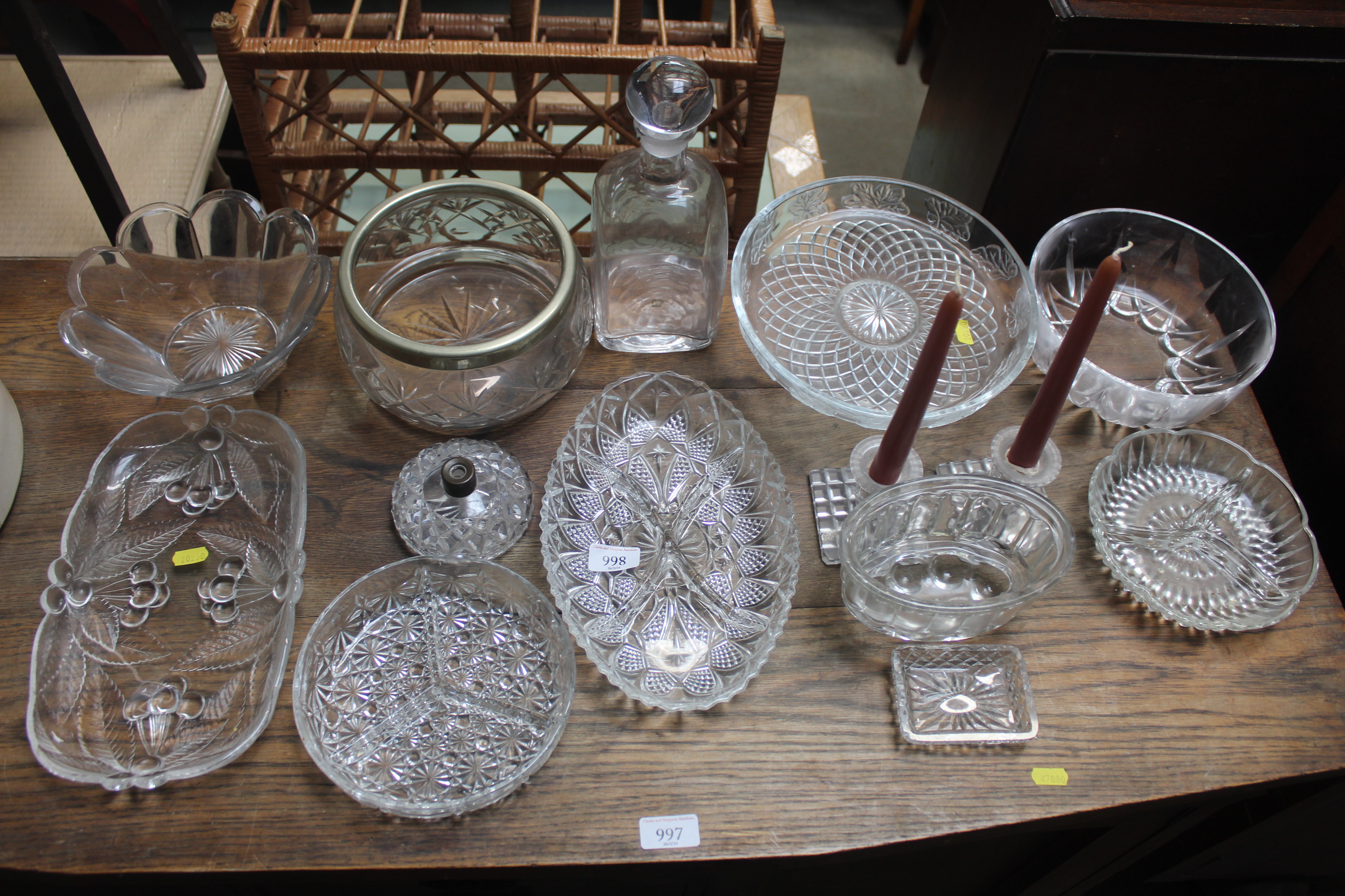 A collection of table glassware to include candles