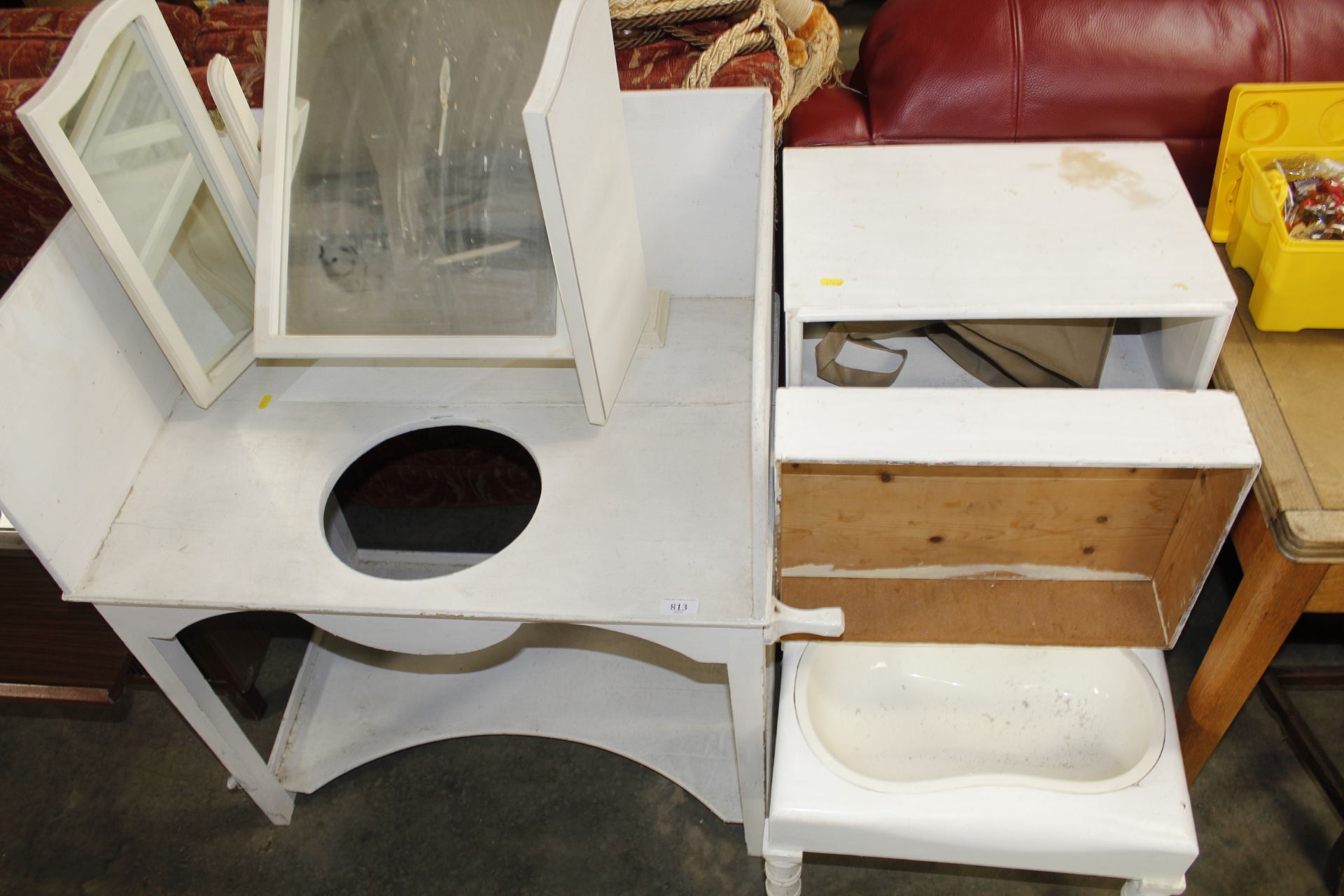 A wooden wash stand with triptych mirror, a vintage bidet on wooden stand, small wooden cupboard - Image 2 of 2