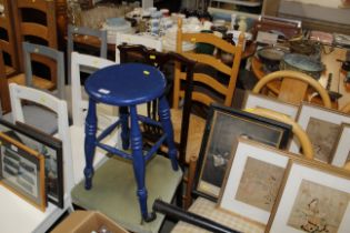 A blue painted stool and a string seated ladder ba