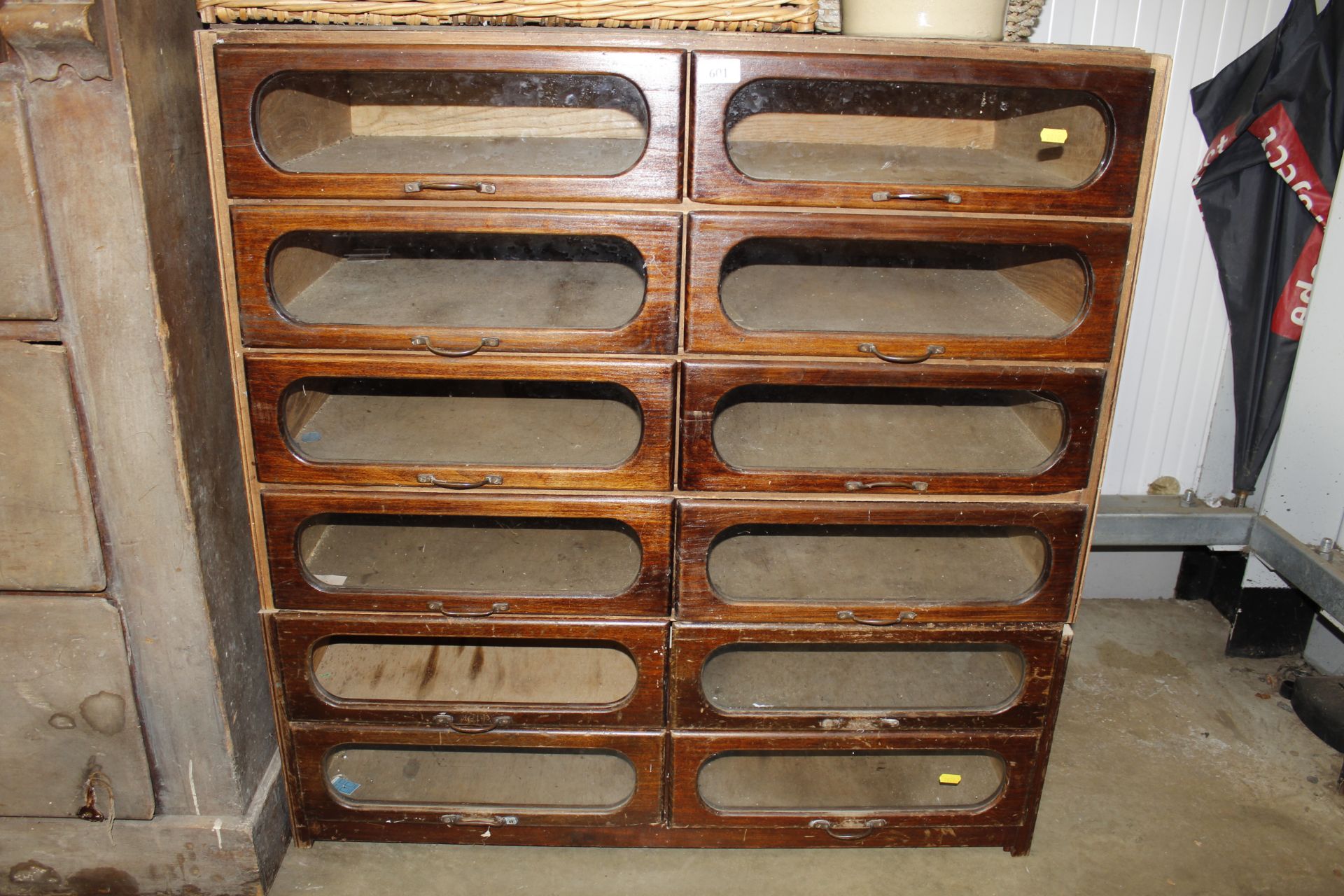 A haberdashery cabinet fitted twelve partly glazed fronted drawers AF - Image 3 of 3