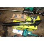 A Ryobi One+ 18V cordless leaf blower with two bat