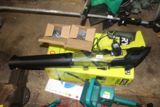 A Ryobi One+ 18V cordless leaf blower with two bat