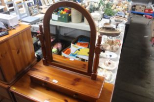 A pine dressing table mirror fitted single drawer