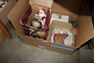A box containing various Christmas decorations