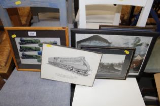 A framed and glazed print of LNER locomotives; a p