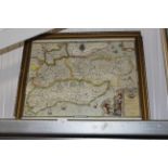 A gilt framed and glazed print of Saxtons map of Kent, Sussex, Surrey and Middlesex, 1575
