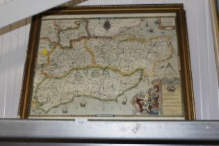 A gilt framed and glazed print of Saxtons map of Kent, Sussex, Surrey and Middlesex, 1575