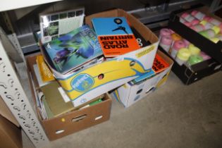 Three boxes of various books including road atlas