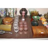 An Art Pink glass decanter and six goblets and a s