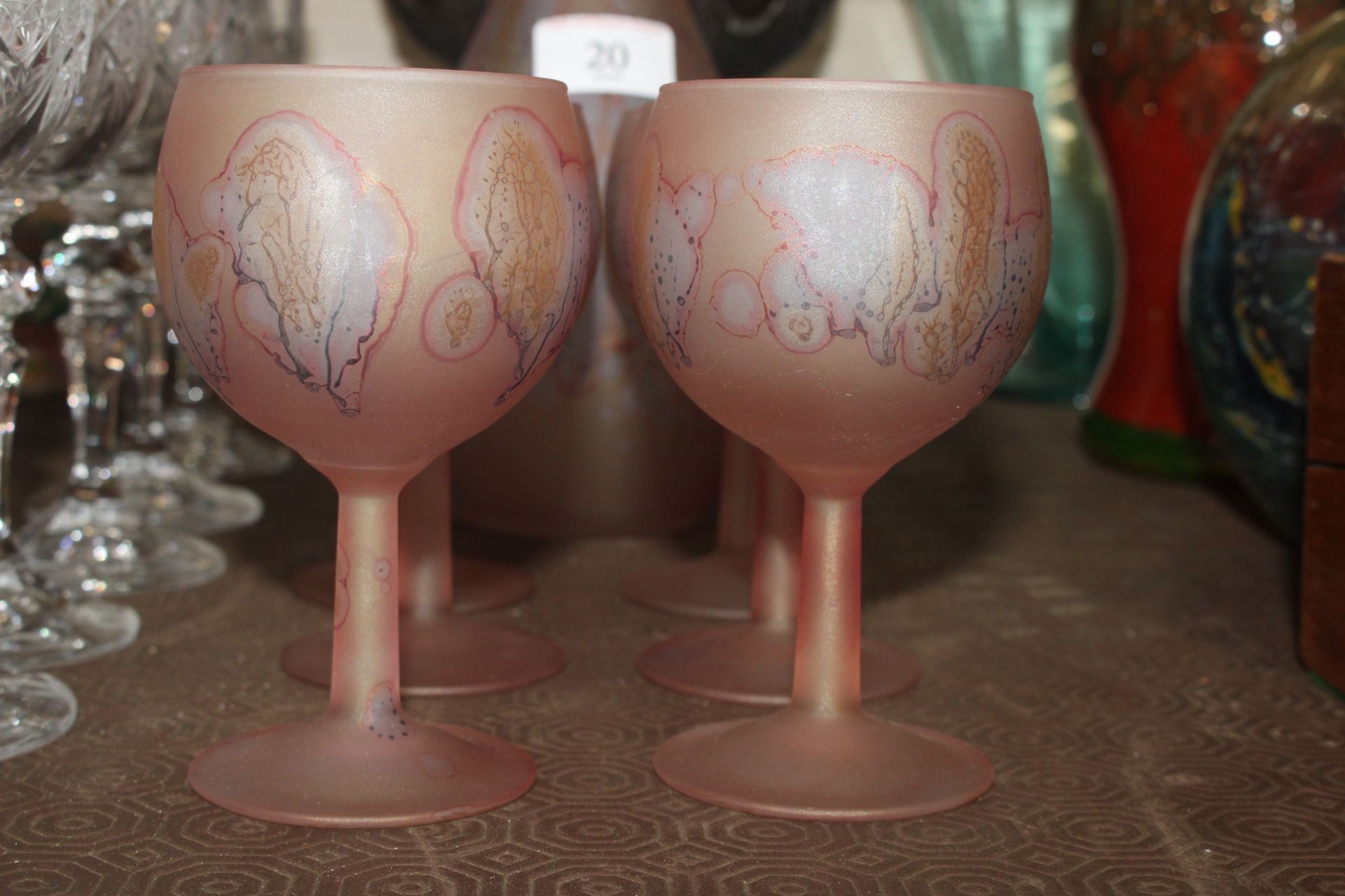 An Art Pink glass decanter and six goblets and a s - Image 4 of 8