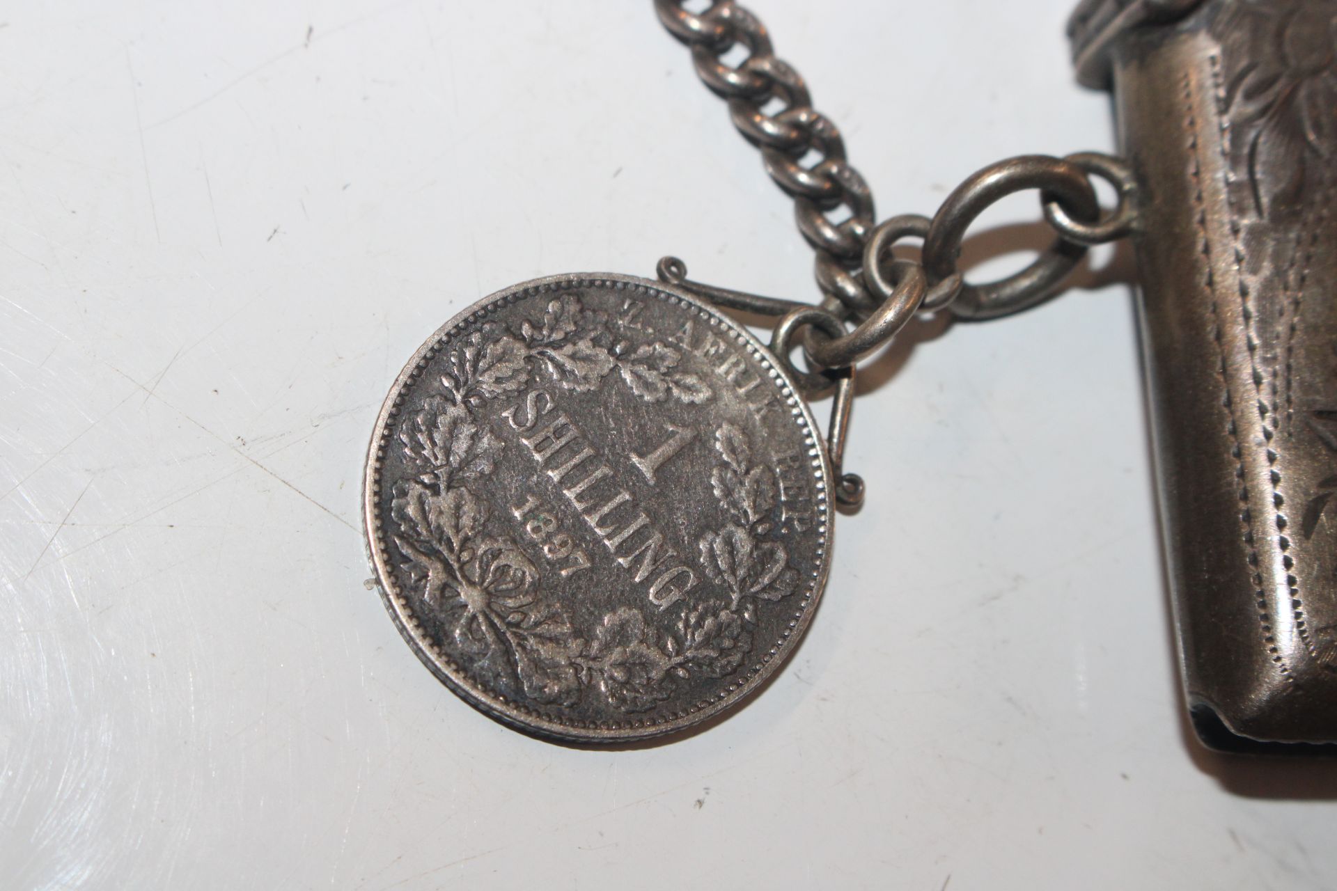 A silver vesta case on chain with T bar; another s - Image 11 of 17